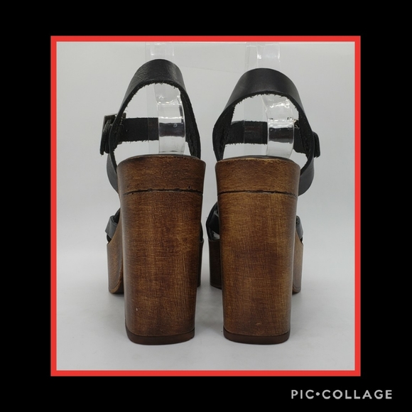 ASOS Black Leather Strappy Wood Platforms Size 8 - Picture 3 of 8